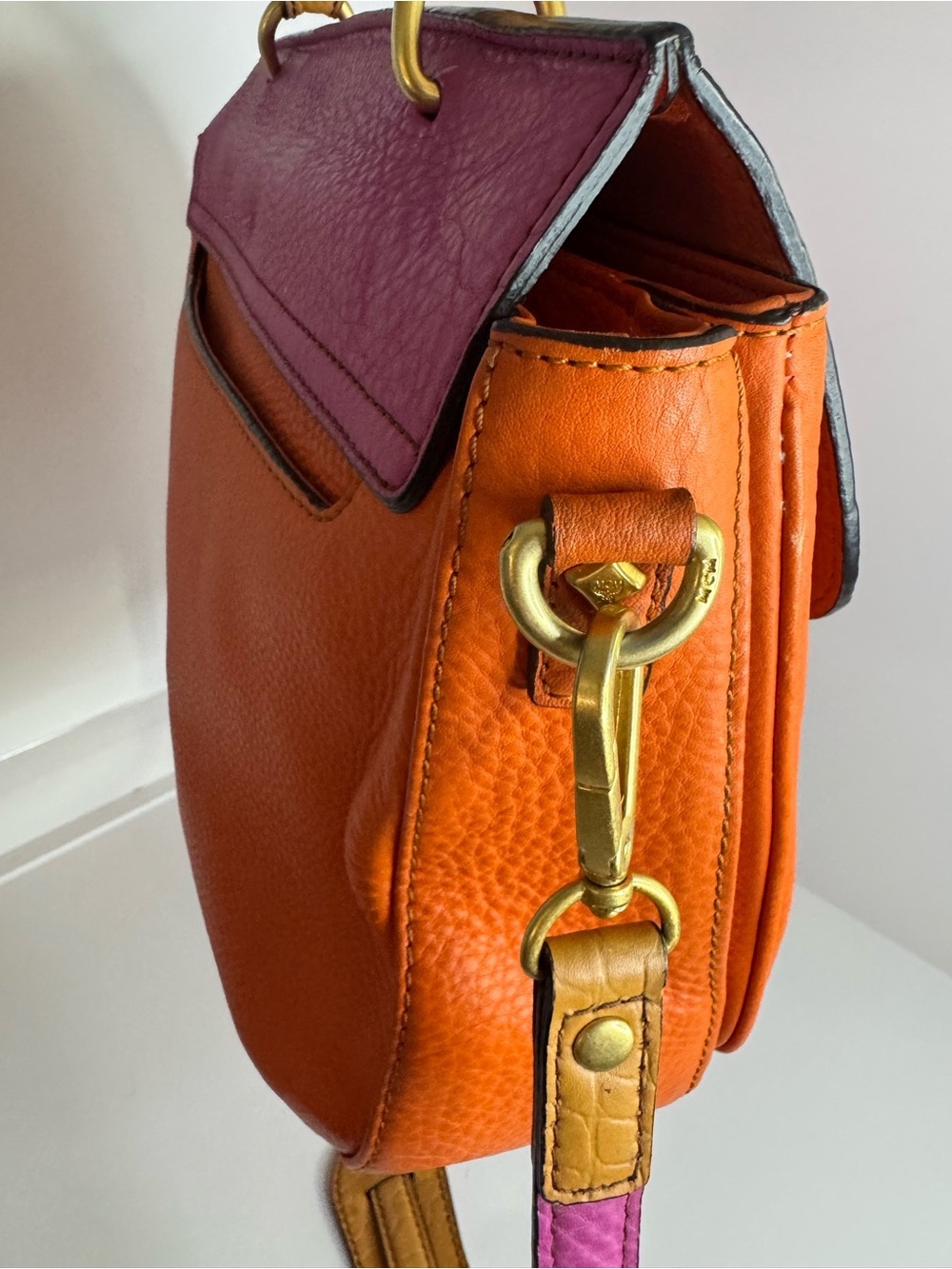 #320 MCM Limited Edition Buckle Flap Top Handle Leather Color block Two Way Bag - Picture 7 of 17